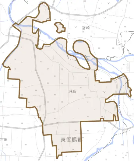 大字洲島とその周辺の地図。町の範囲を重ねている