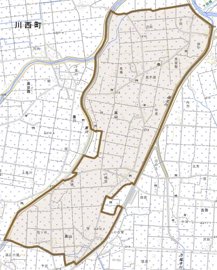 大字高山とその周辺の地図。町の範囲を重ねている