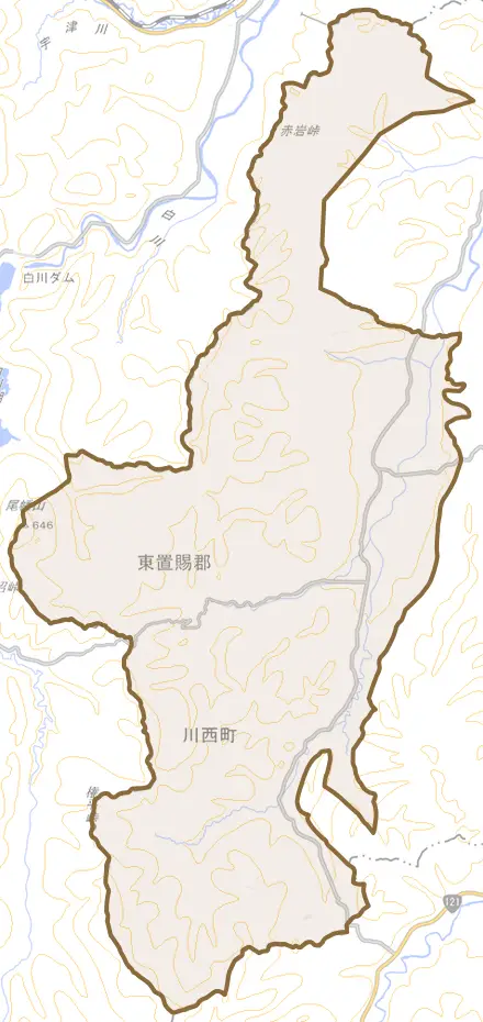 大字玉庭とその周辺の地図。町の範囲を重ねている