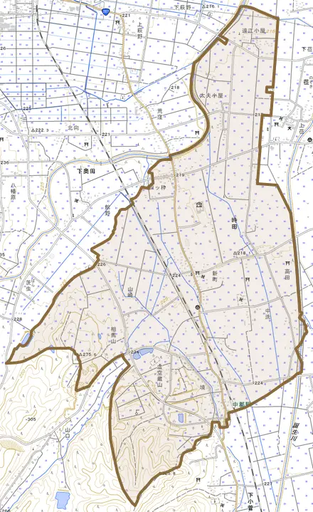 大字時田とその周辺の地図。町の範囲を重ねている