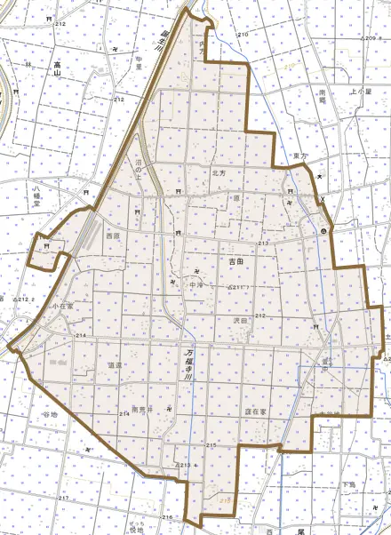 大字吉田とその周辺の地図。町の範囲を重ねている