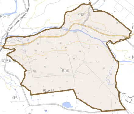大字平岡とその周辺の地図。町の範囲を重ねている