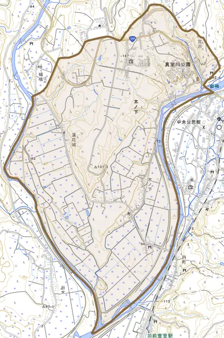 大字木ノ下とその周辺の地図。町の範囲を重ねている