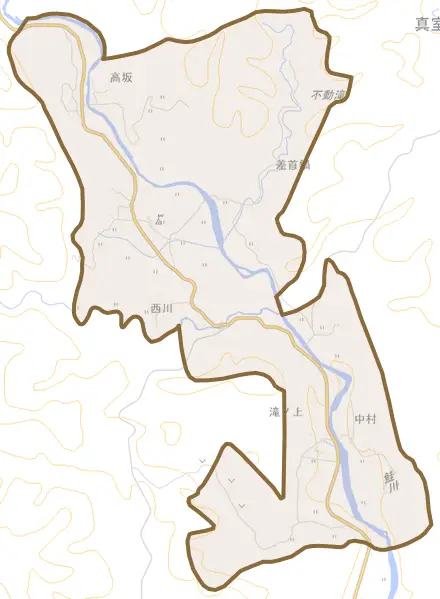 大字差首鍋とその周辺の地図。町の範囲を重ねている