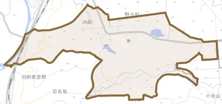 大字内町とその周辺の地図。町の範囲を重ねている
