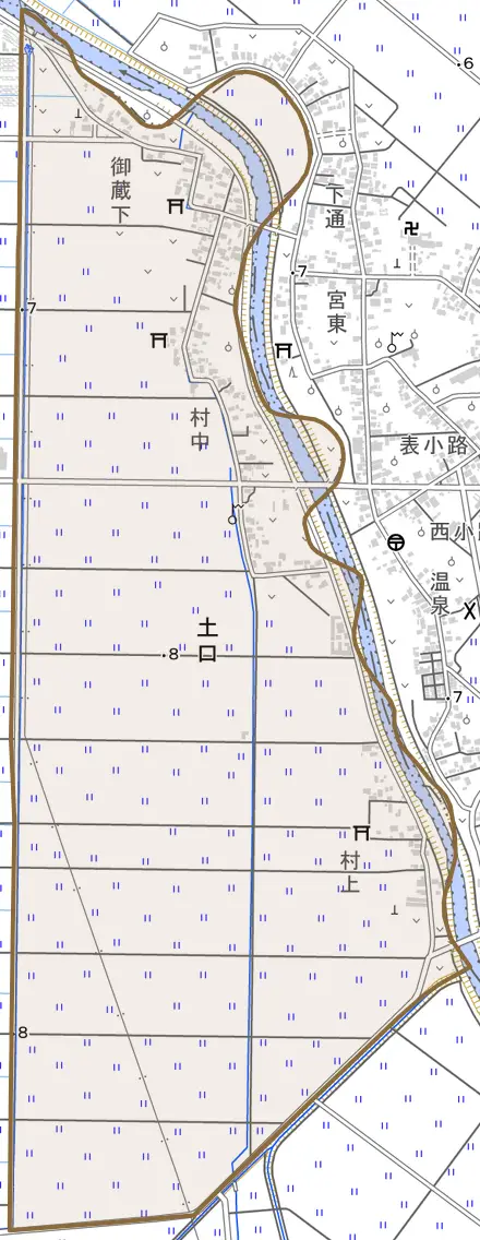 大字土口とその周辺の地図。町の範囲を重ねている