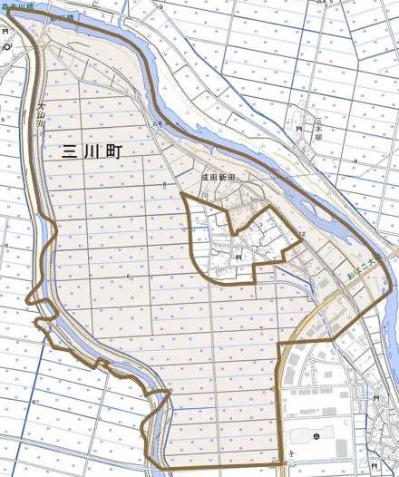 大字成田新田とその周辺の地図。町の範囲を重ねている