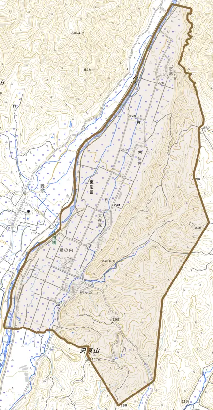大字東法田とその周辺の地図。町の範囲を重ねている