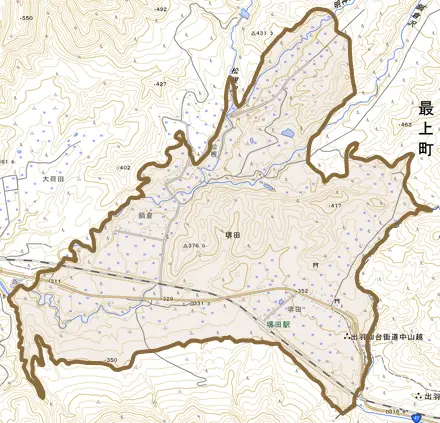 大字堺田とその周辺の地図。町の範囲を重ねている