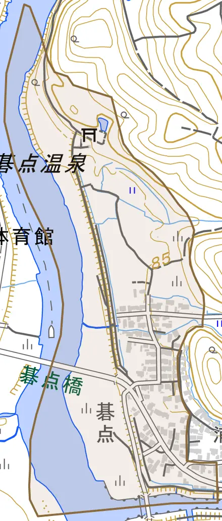 碁点とその周辺の地図。町の範囲を重ねている