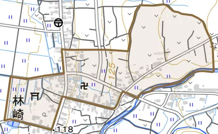 大字林崎とその周辺の地図。町の範囲を重ねている