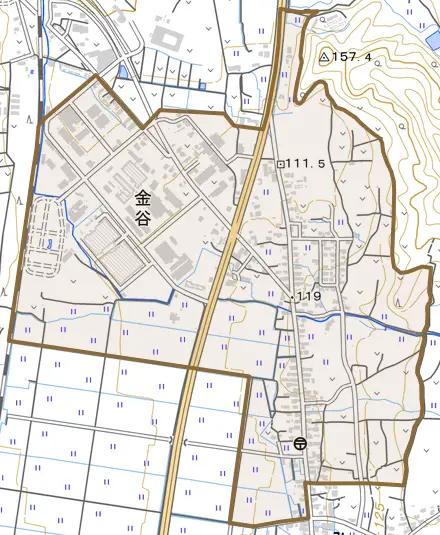 金谷とその周辺の地図。町の範囲を重ねている