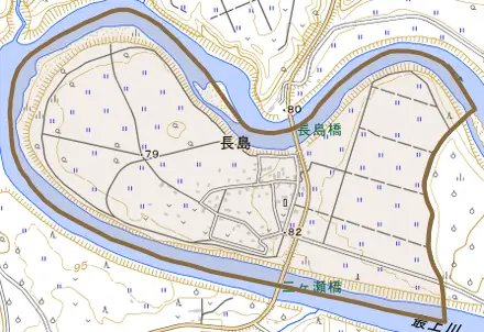大字長島とその周辺の地図。町の範囲を重ねている