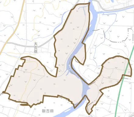 大字大久保とその周辺の地図。町の範囲を重ねている