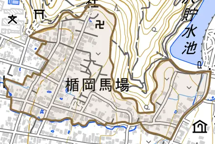 楯岡馬場とその周辺の地図。町の範囲を重ねている
