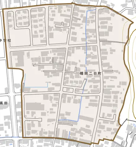 楯岡二日町とその周辺の地図。町の範囲を重ねている