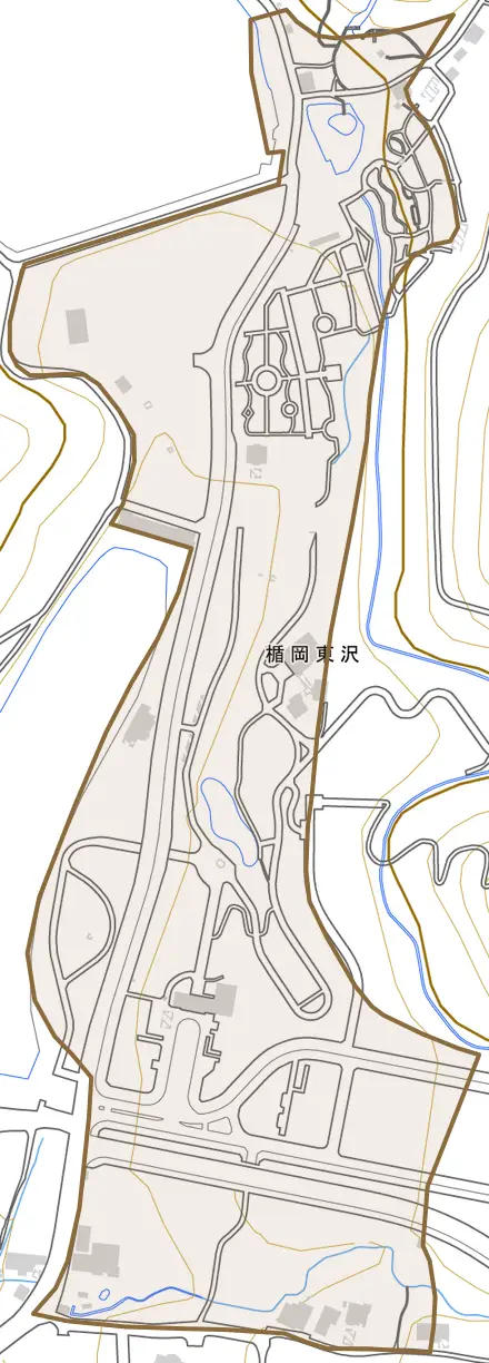 楯岡東沢とその周辺の地図。町の範囲を重ねている