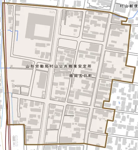 楯岡五日町とその周辺の地図。町の範囲を重ねている