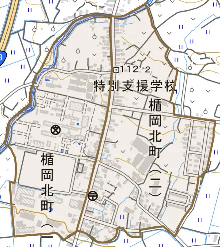 楯岡北町とその周辺の地図。町の範囲を重ねている