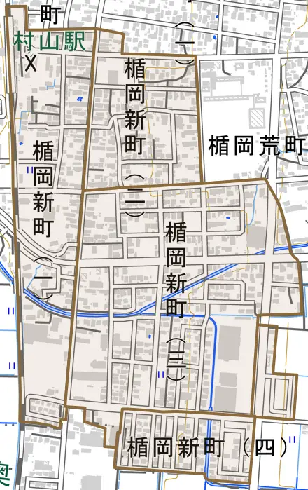 楯岡新町とその周辺の地図。町の範囲を重ねている