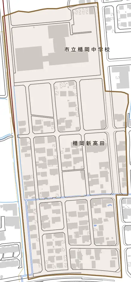 楯岡新高田とその周辺の地図。町の範囲を重ねている