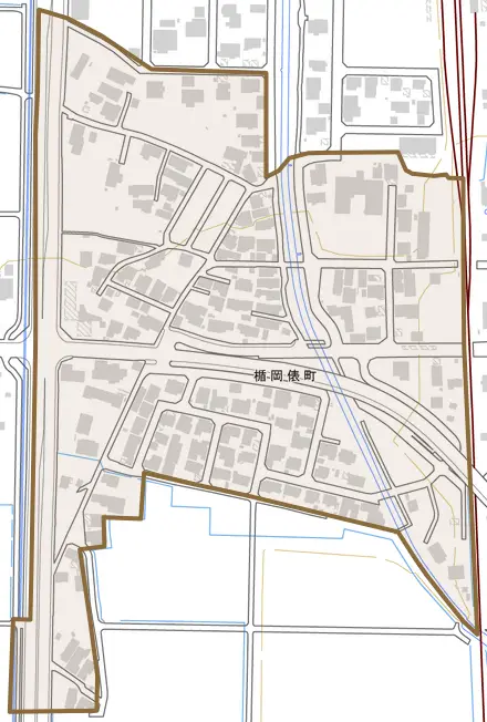 楯岡俵町とその周辺の地図。町の範囲を重ねている