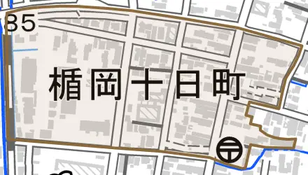 楯岡十日町とその周辺の地図。町の範囲を重ねている