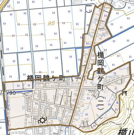 楯岡鶴ヶ町とその周辺の地図。町の範囲を重ねている