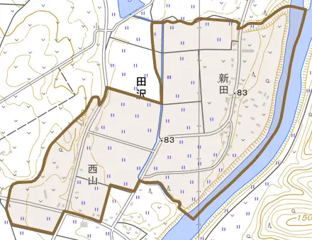大字田沢とその周辺の地図。町の範囲を重ねている