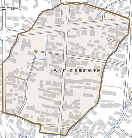 あら町とその周辺の地図。町の範囲を重ねている
