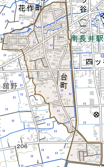 台町とその周辺の地図。町の範囲を重ねている