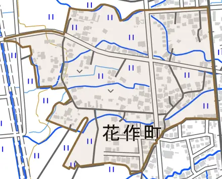 花作町とその周辺の地図。町の範囲を重ねている