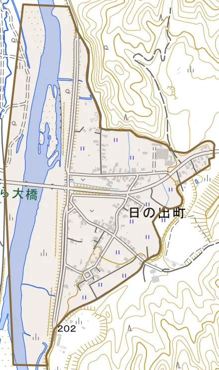 日の出町とその周辺の地図。町の範囲を重ねている