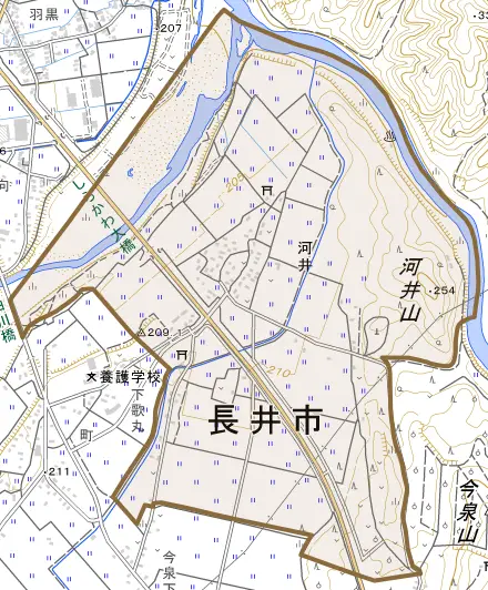 河井とその周辺の地図。町の範囲を重ねている