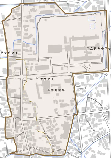 ままの上とその周辺の地図。町の範囲を重ねている