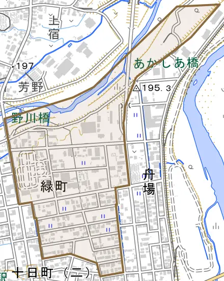 緑町とその周辺の地図。町の範囲を重ねている