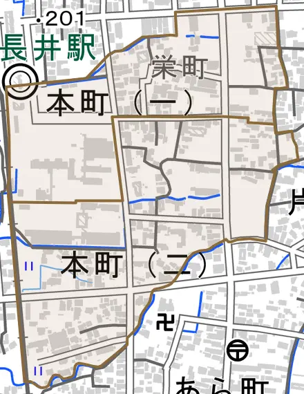 本町とその周辺の地図。町の範囲を重ねている