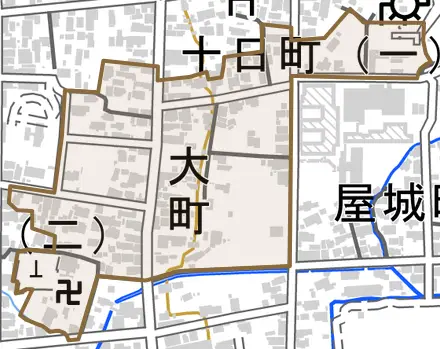 大町とその周辺の地図。町の範囲を重ねている