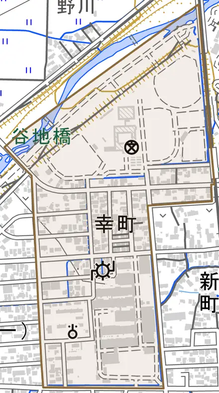 幸町とその周辺の地図。町の範囲を重ねている