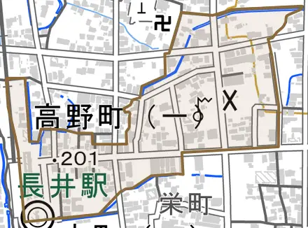 栄町とその周辺の地図。町の範囲を重ねている