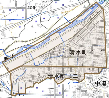 清水町とその周辺の地図。町の範囲を重ねている
