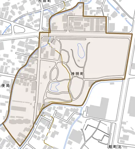 神明町とその周辺の地図。町の範囲を重ねている