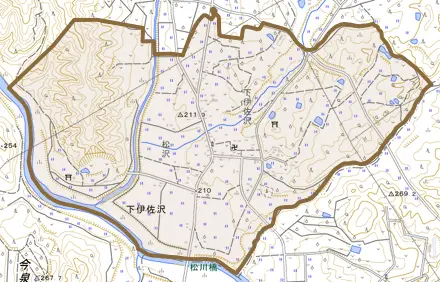 下伊佐沢とその周辺の地図。町の範囲を重ねている