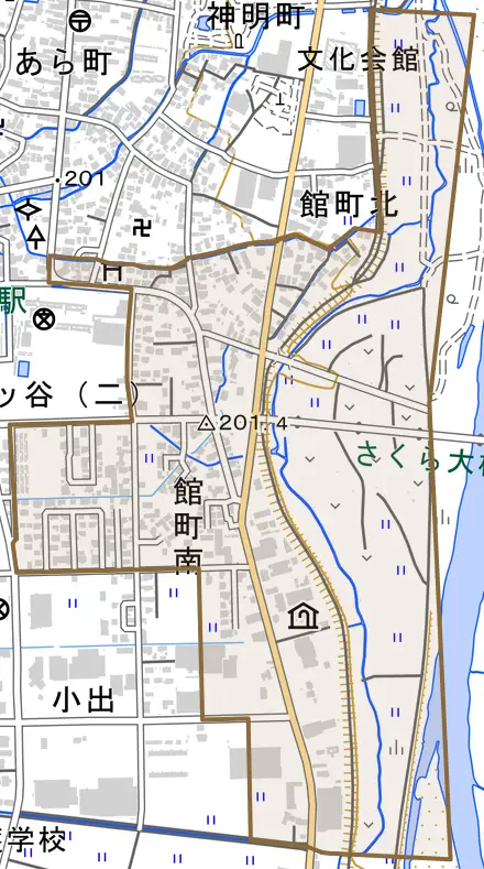 館町南とその周辺の地図。町の範囲を重ねている