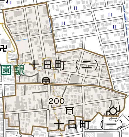 十日町とその周辺の地図。町の範囲を重ねている