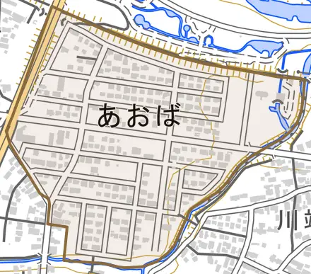 あおばとその周辺の地図。町の範囲を重ねている