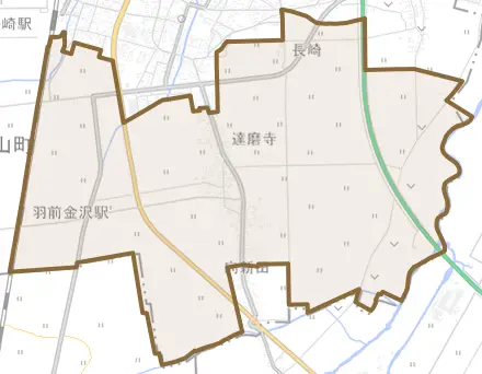 大字達磨寺とその周辺の地図。町の範囲を重ねている