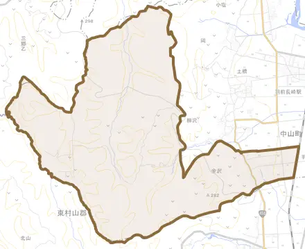 大字金沢とその周辺の地図。町の範囲を重ねている