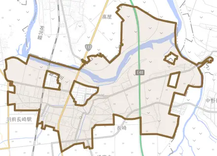大字長崎とその周辺の地図。町の範囲を重ねている