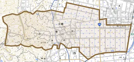 大字土橋とその周辺の地図。町の範囲を重ねている